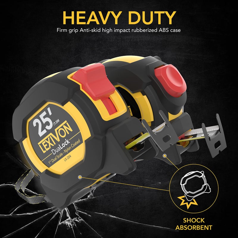 LEXIVON [4 عبوات] شريط قياس 25 قدم/7.5 متر، DuaLock و AutoLock | شفرة بعرض 1 بوصة مع طلاء نايلون، تشطيب غير لامع أبيض وأصفر مطبوع على الجانبين | قدم/بوصة/كسور/متر (LX-204X2) - Image 4